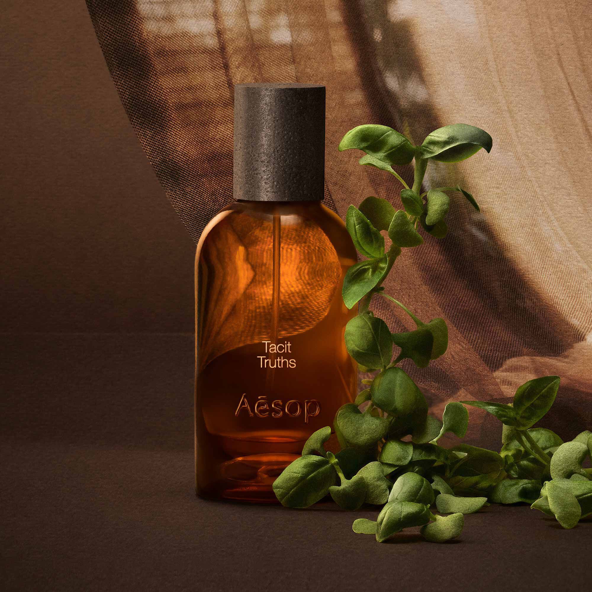 Aesop Tacit Truths bottle with basil sprigs against warm fabric.