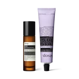 A pump bottle of Solais Replenishing Hand Serum and a tube of Eleos Aromatique Hand Balm together.