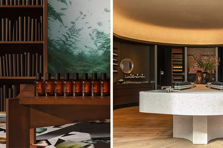 Split view showing an Aesop fragrance range display on a wooden table on the left, and a sleek retail store interior with a curved counter on the right