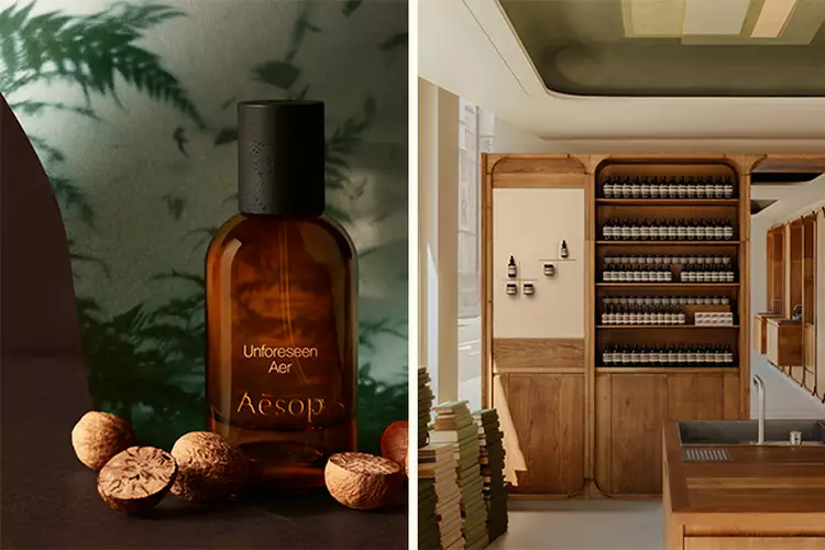 Split view featuring an Aesop 'Unforeseen Aer' perfume bottle surrounded by nutmeg on the left, and a wooden retail interior with product shelves on the right