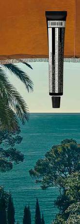 A black skincare tube floating in front of a window overlooking a sunny coastal landscape with
palm trees and the sea.