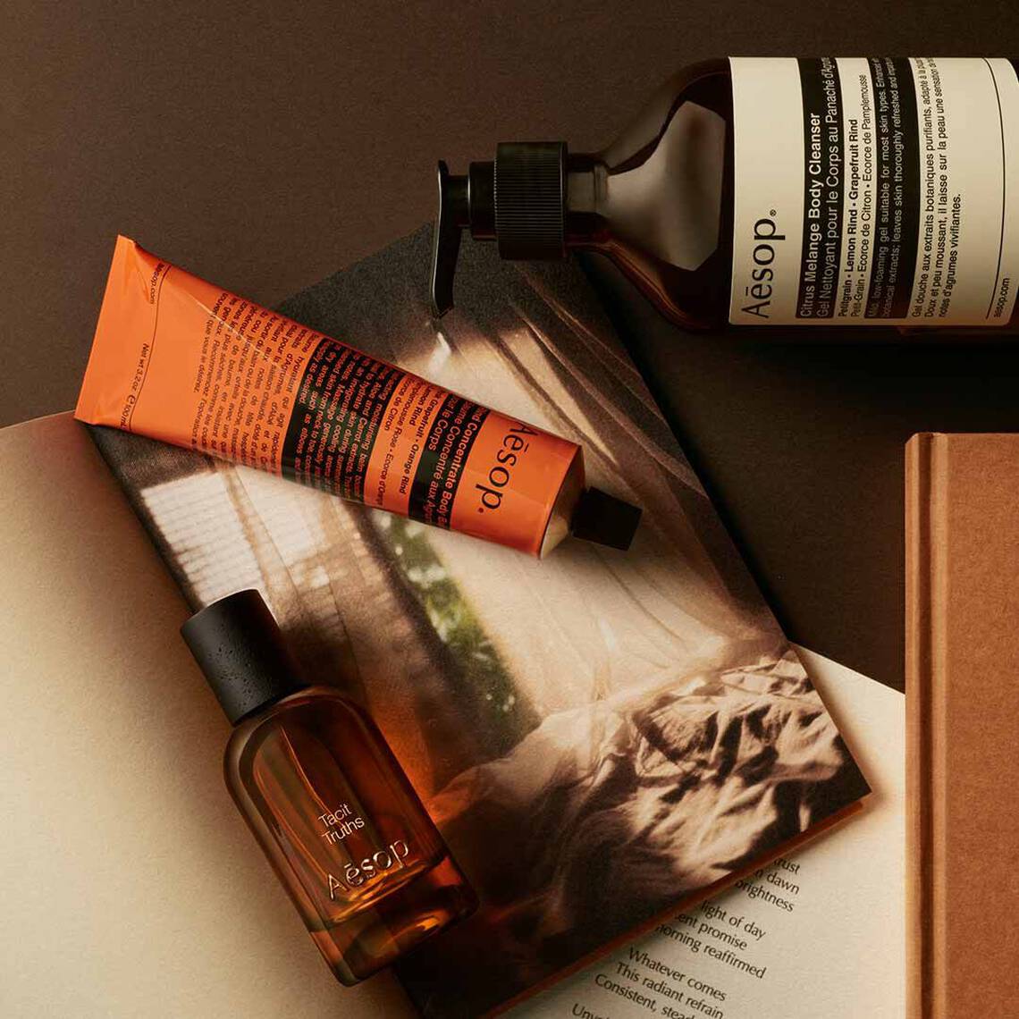 Aesop Tacit Truths fragrance bottle, large amber bottle and cream tube arranged on an open book.