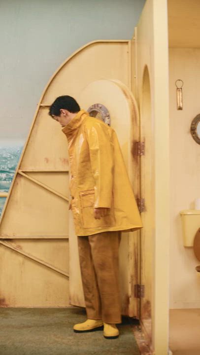 Person in a yellow raincoat standing in the doorway of a yellow bathroom stall.