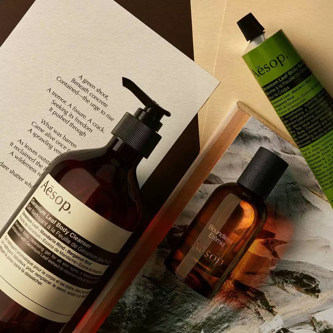 Aesop Boundless, Eremia fragrance bottle, large amber pump bottle and cosmetic tube on open books and printed pages.