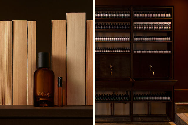 Split view showing an Aesop 'Above Us, Steorra' perfume bottle next to amber and cardamom on the left, and a modern retail interior with curved arches and sinks on the right