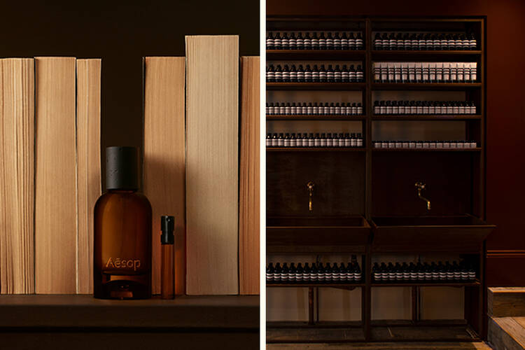Split view showing an Aesop 'Above Us, Steorra' perfume bottle next to amber and cardamom on the left, and a modern retail interior with curved arches and sinks on the right