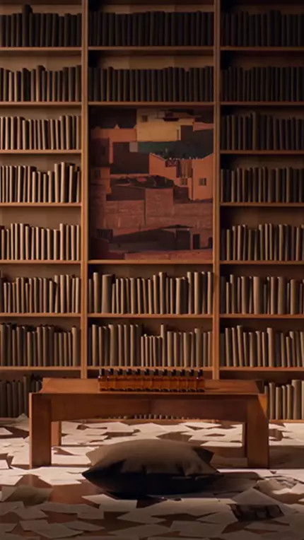 Artistic library installation with wooden bookshelves, scattered papers on the floor, a low wooden table with small bottles, and a dark floor cushion in the center